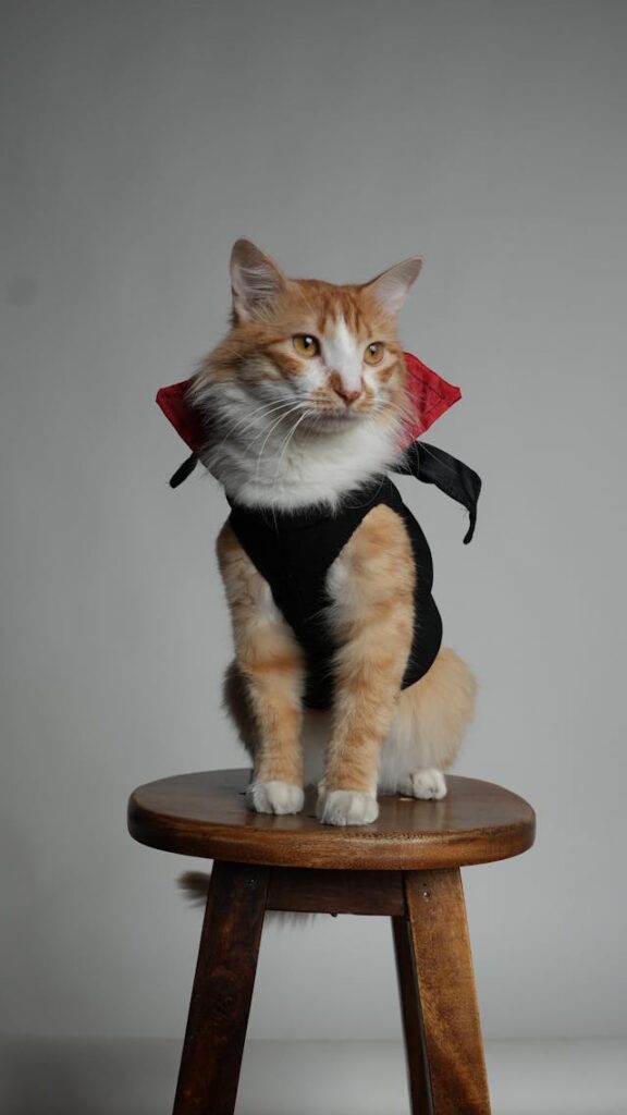 Orange & white cat in a Dracula costume sitting on a stool
